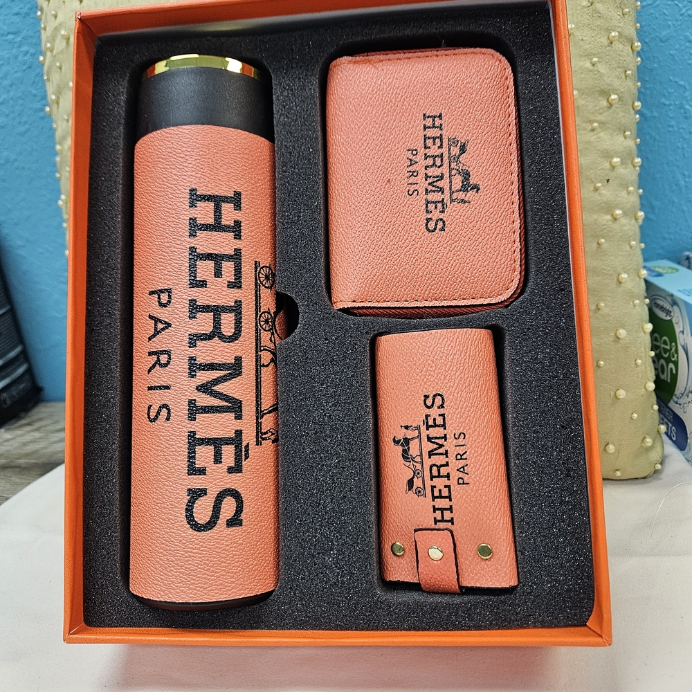 Hermes orange tumbler with temperature gauge, card holder & key case set